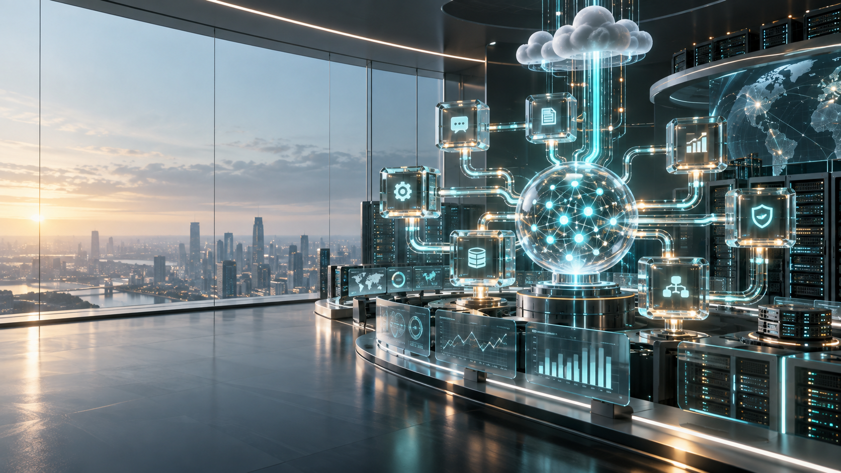Abstract enterprise AI agent network connected to cloud systems and APIs